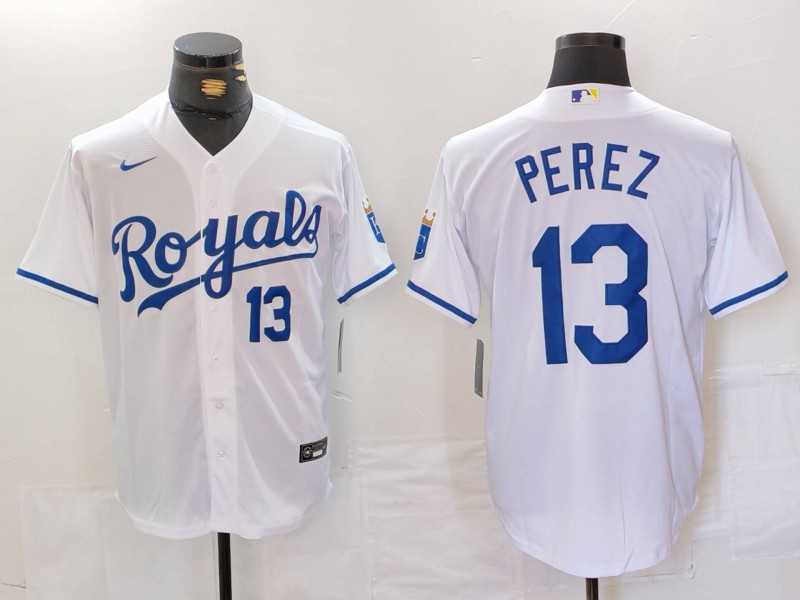 Men%27s Kansas City Royals #13 Salvador Perez Number White Cool Base Stitched Jersey